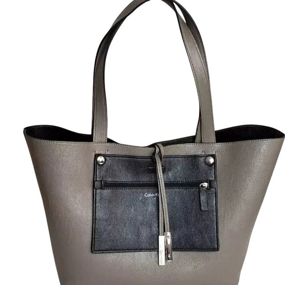 Calvin Klein Black Gray Reversible Leather Tote Bag Magnetic Closure Logo - Picture 2 of 14